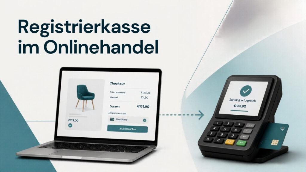 Laptop mit Onlineshop-Checkout neben Kartenzahlungsterminal – Symbolbild Registrierkassenpflicht im Onlinehandel